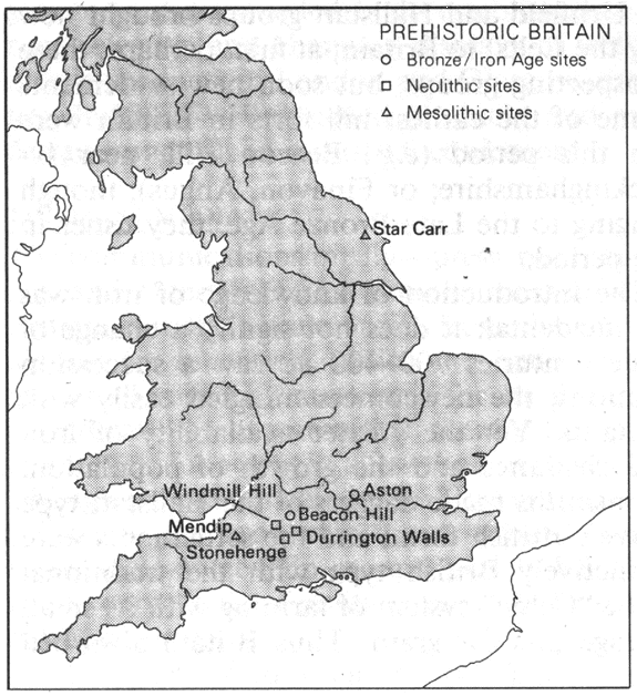 Map showing prehistoric sites in England